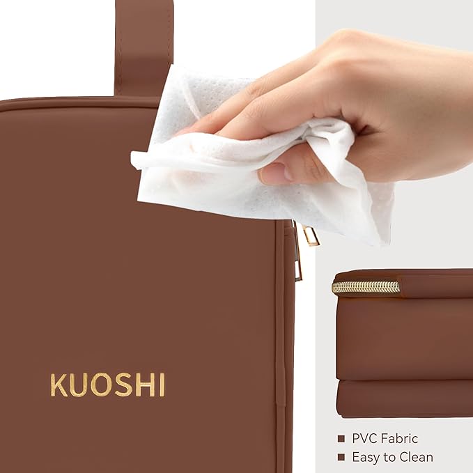 Travel Makeup Bag for Women, Large Capacity Waterproof Cosmetic Organizer with Divider & Handle, Portable Open Flat Toiletry Pouch for Travel Accessories (Brown)