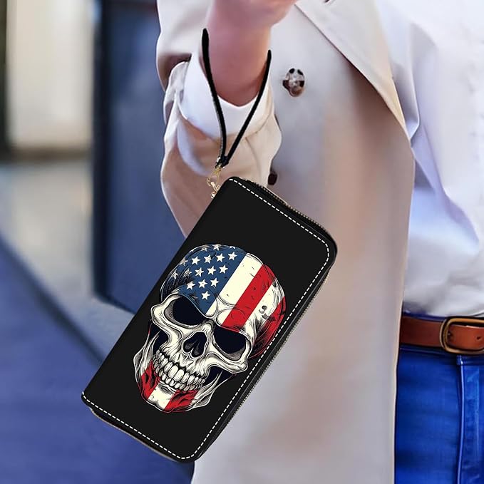 Women's Large Capacity Wallet PU Leather Zip Around Clutch Purse Multifunctional Wallet with Removable Wristlet Strap for Smart Phone/Coin/Card/Cash - American Flag Skull