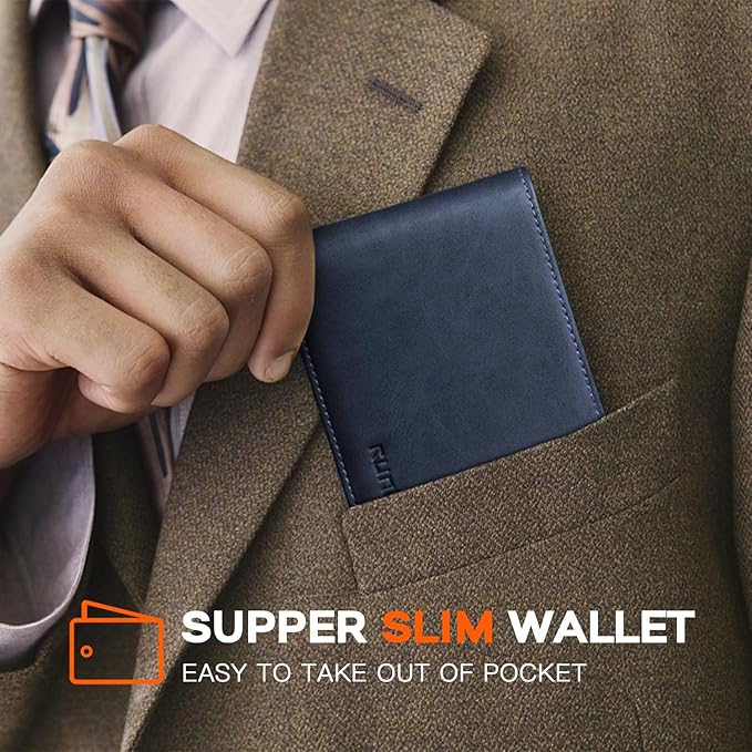 RUNBOX Wallet for Men Slim Leather Bifold RFID Blocking Minimalist Front Pocket Design with Gift Box
