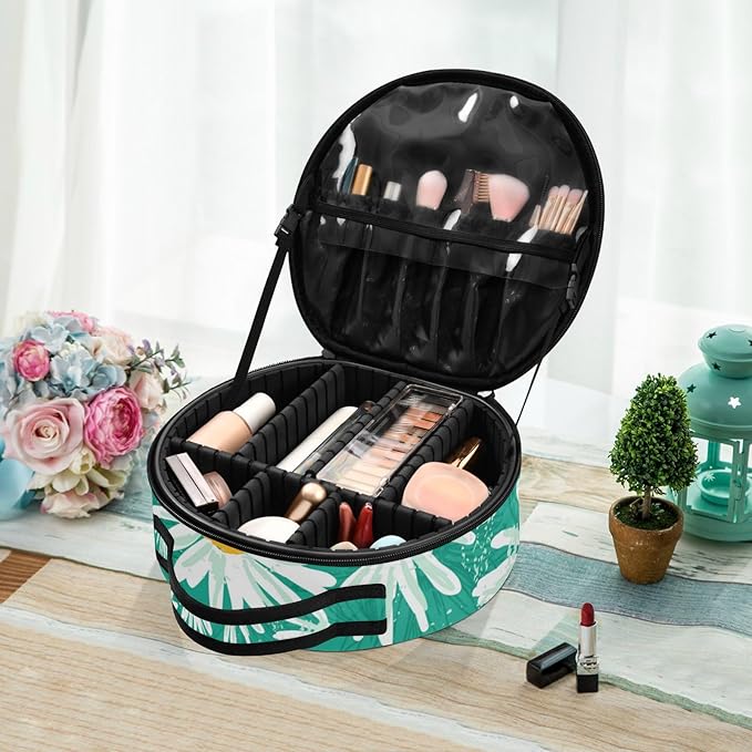 senya Round Cosmetic Pouch Travel Makeup Train Case Green Chamomile Makeup Organizer Bag with Adjustable Dividers Portable for Cosmetics Makeup Brushes Toiletry Jewelry Accessories