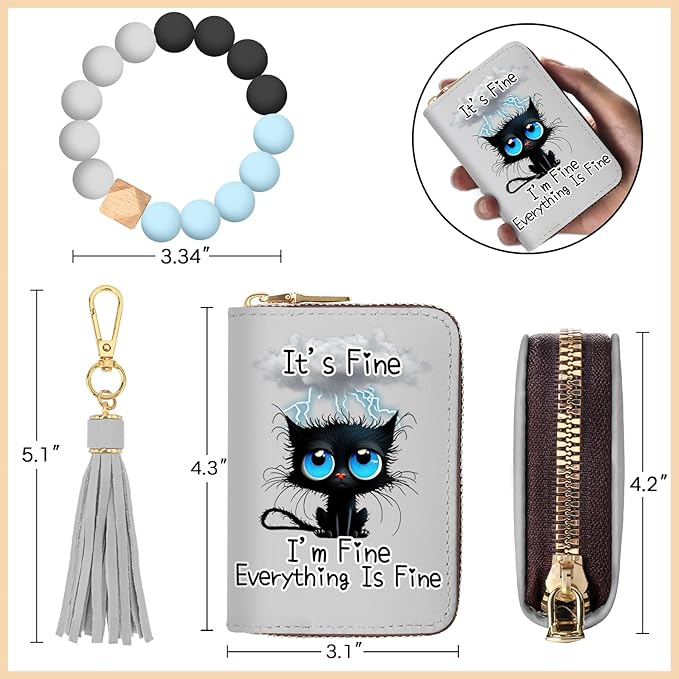 Credit Card Holder RFID Wallet, Small Card Holder Wallet for Women with Keychain Zipper, Funny Leather Print Credit Card Wallets Accordion Gift