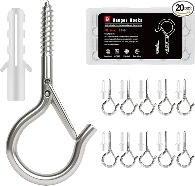 Black Screw Hooks with Safety Lock 2.3" Rustproof Metal Ceiling Hooks for Hanging Plants, Baskets,String Lights & Outdoor Decor, 40LB Capacity (10, Silver)