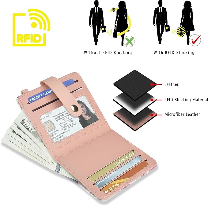 Airkit Small Wallets Woman RFID Blocking Leather Credit Card Holder - with ID Window - Card Wallets for Women - with Zipper Coin Purse - Keychain Wallet