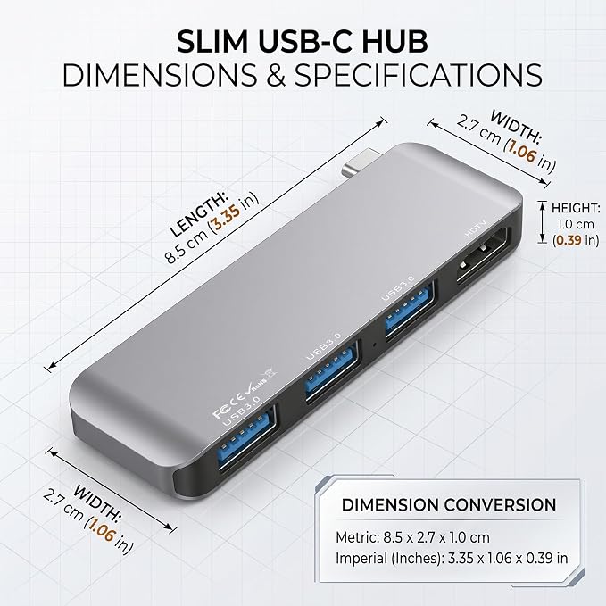 Direct-Plug USB C Hub HDMI 4K Docking Station with 3 USB 3.0 Ports 5Gbps | Flush-fit USB-C hub, easy to plug and unplug with one hand. Compact size saves desk space and enables convenient storage