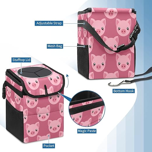 Car Trash Can Pink Piggy Pig Auto Garbage Bag Car Trash Can with Lid Leak-Proof Car Storage Bag Garbage Bag Hanging for Headrest Collapsible and Portable with Storage Mesh Pocket