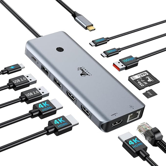 LIONWEI 12-in-1 USB C Docking Station Multiport Adapter, Triple Monitor 3 HDMI 4K@60Hz, 1000Mbps Ethernet, 10Gbps USB 3.1, PD 100W, SD/TF, Screen On/Off Button for Laptop/Windows/macOS