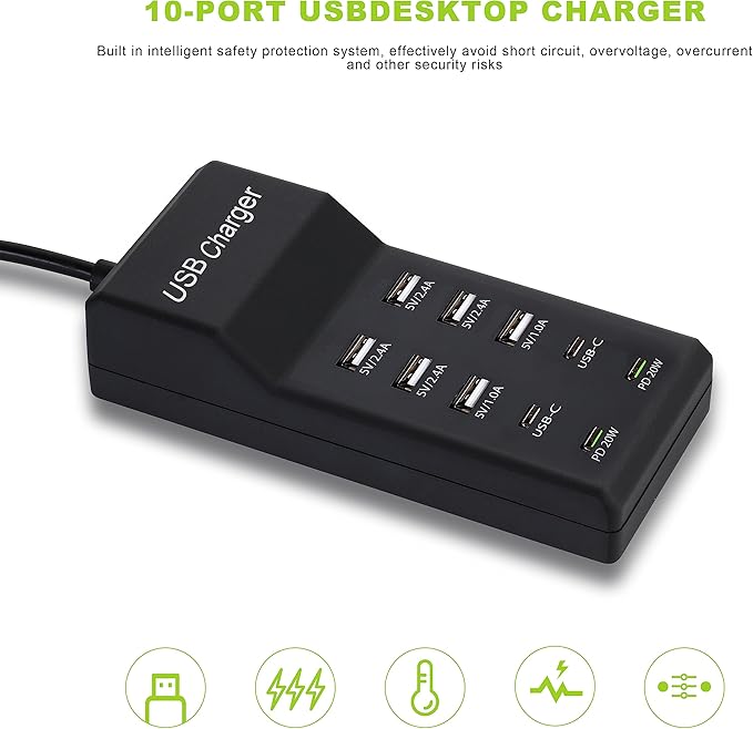 100W USB Charging Station, 10-Port (6 USB-A & 2 USB-C, 2 PD20W) Compatible with iPhone 11-15, Tablets - Black