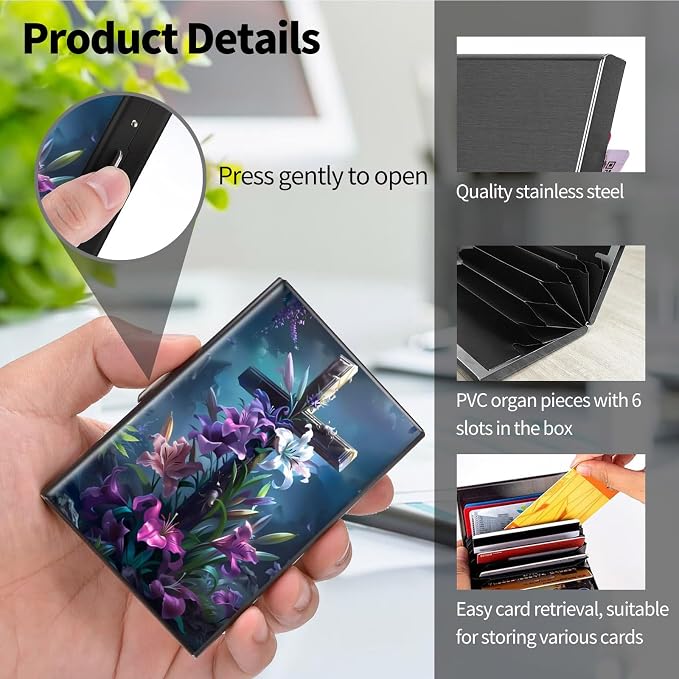 Metal Wallet for Women Men Girls, RFID Blocking Slim Aluminum Credit Card Holder, Mini Travel Wallet with Hard Shell, Lightweight ID & Business Card Case,Christian Jesus Cross Flower