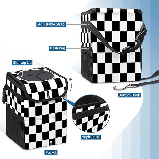 Car Trash Can Black and White Checkered Auto Garbage Bag Car Trash Can with Lid Leak-Proof Car Storage Bag Auto Garbage Bag Hanging for Headrest Collapsible and Portable with Storage Mesh Pocket