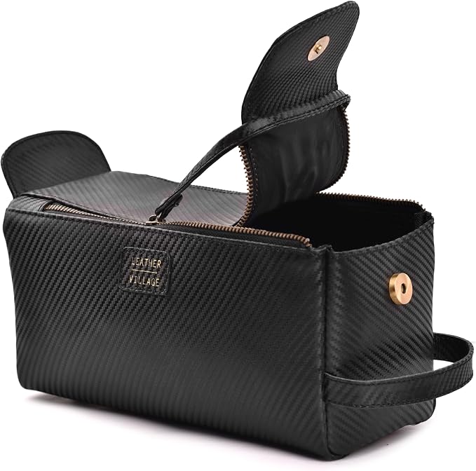 LEATHER VILLAGE Genuine Carbon Fiber Genuine Leather Travel Toiletry Bag - Large Dopp Kit, Water-Resistance Bathroom & Shaving Organizer for Men & Women - Black