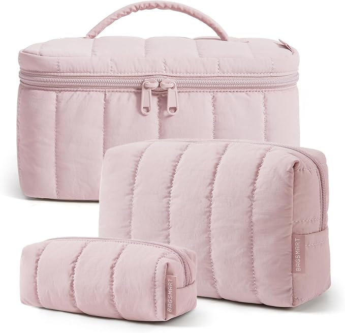 BAGSMART Travel Makeup Bag for Women, 3 Pcs Puffy Padded Cosmetic Organizer Bag, Large Toiletry Case and Small Purse Pouch for Gym, Work, Girls (Baby Pink)