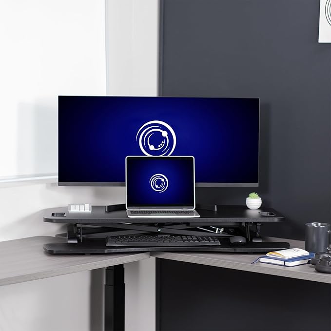 VIVO Extra Wide 38 inch Corner Desk Converter, K Series, Height Adjustable Sit to Stand Riser, Dual Monitor and Laptop Workstation with Wide Keyboard Tray, Black, DESK-V000KL