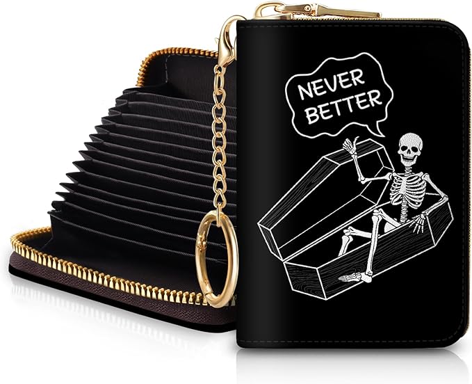 Blusabaca Skeleton Skull RFID Wallet, Credit Card Holder for Women, Funny Small Wallet with Card Slots Zipper, Leather RFID Card Keychain Wallet, Card Case RFID Blocking Accordion Gift