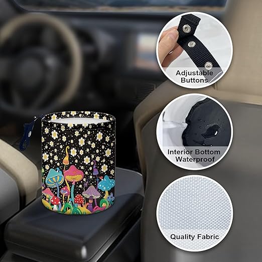 Mushroom Daisy Trash Can Leak Proof Waste Basket Container Bag Bin Hanging Cup Holder Organizer with Strap Mini Car Interior Accessories for Auto, Camping, Travelling
