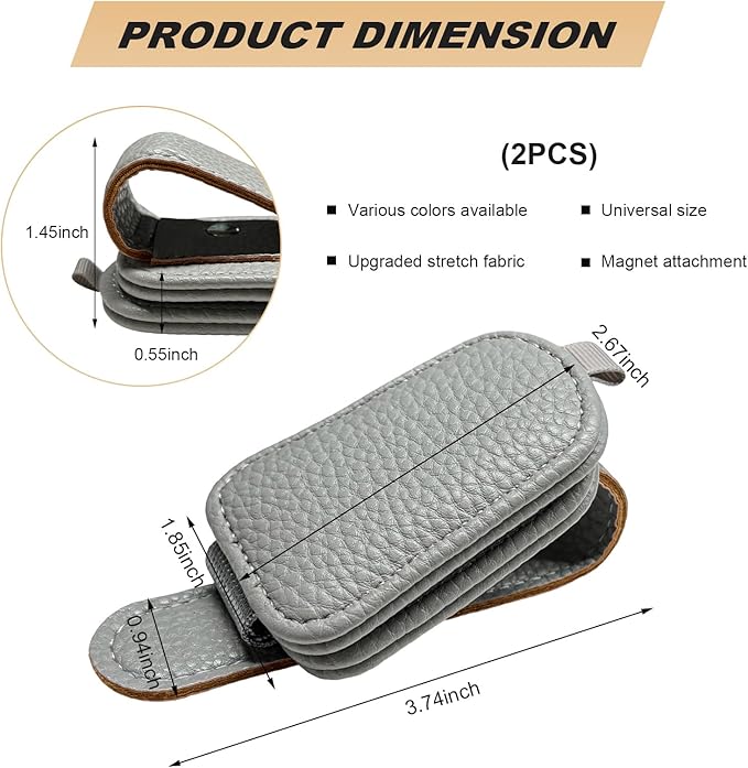 2 PCS Sunglasses Holders for Car Visor, Magnetic Leather Eyeglasses Hanger Mounter Ticket Card Clip, Auto Sun Visor Glasses Holder Business Card Organizer for Men Women (Gray)
