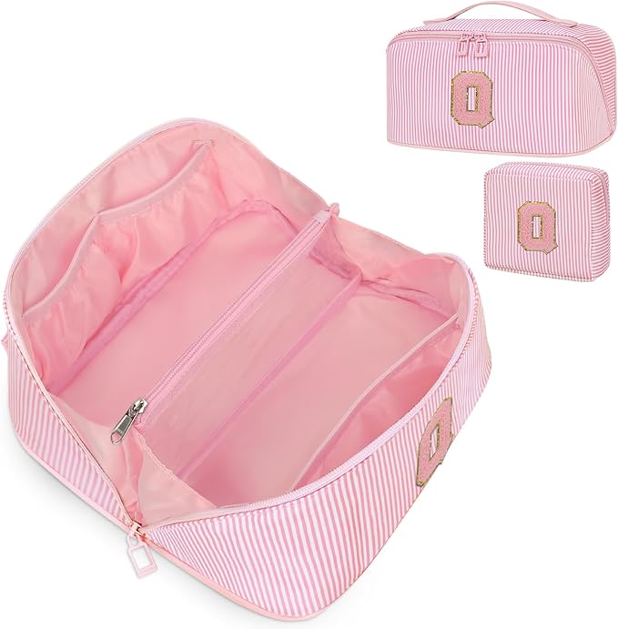 Initial Makeup Bag, Personalized Cosmetic Bag, 2Pcs Large Capacity Make Up Bag for Women, Open Flat Make up Cosmetic Organizer with Handle,Portable Make Up Organizer Pouch for Women - Q