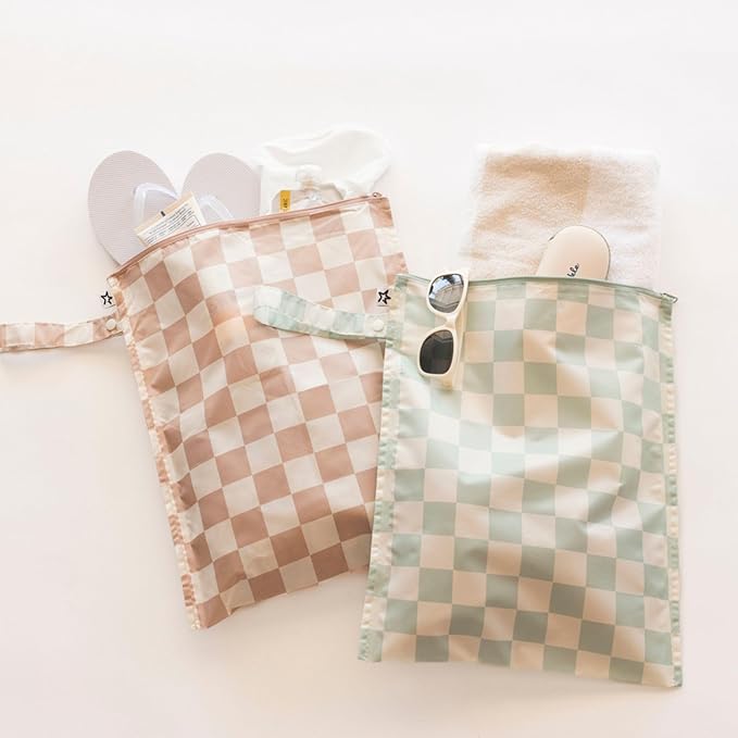 Tiny Twinkle Mess Proof Wet Bags | 2-Pack Reusable Waterproof Wet Bags for Swimsuits | Baby Clothes | Travel & Diaper Bag (Unisex Checkers)