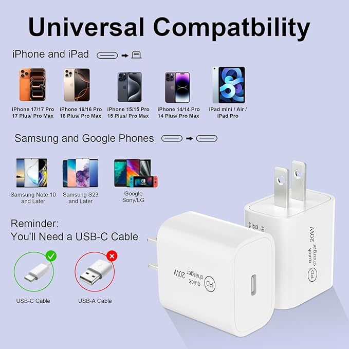 20W USB C Fast Charger Block, Compact PD 3.0 Wall Charger for iPhone 17/16/15/iPad Pro, Universal Compatibility, Travel Essential, 3X Faster Than 5W Charger