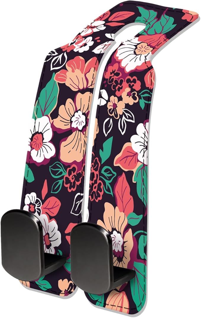 Car Seat Headrest Hook, Universal Leather Cute Hanger Holder Hook, Storage Organizer Interior Accessories for Purse Bags Handbag Colorful Boho Flowers