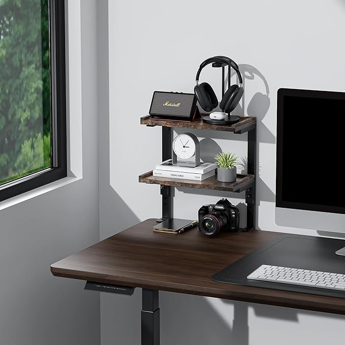 Spacrea clamp on Desk Shelf, 2 Tier Office Desk Shelves Organizer, Wood Desktop Supplies Storage Rack, Desk Organizers and Accessories (Wood)