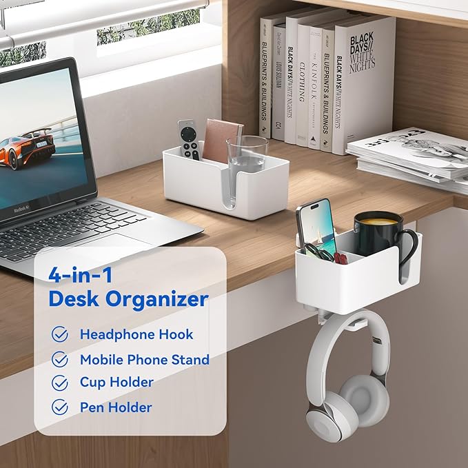KDD 4-in-1 Desk Organizer - Under Desk Cup Holder and Headphone Hanger with 2 Wire Holes - Rotating Hanger and Detachable Storage for Cup, Phone and Pen (White)