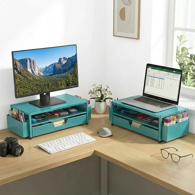 ECOLOVI Desk Organizer and Accessories, 2-Tier Computer Monitor Stand Rise with Storage Drawer & 2 Pen Holders, Laptop & Printer Stand for Desktop, Workspace Organizers for Office Supplies (Blue)
