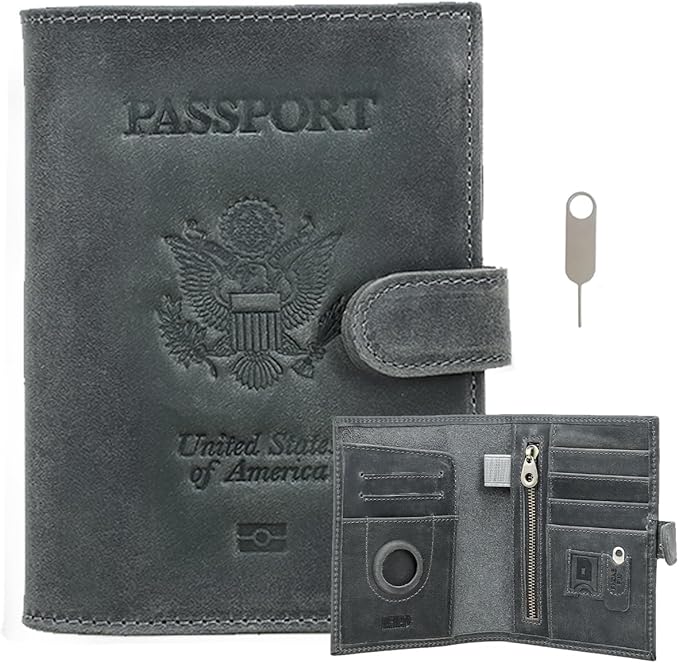 CONTACTS Full Grain Leather Passport Holder with Airtag Slot RFID Blocking Passport Wallet for Men Travel Passport Cover with SIM Card Removal Tool (Badge, Gray)