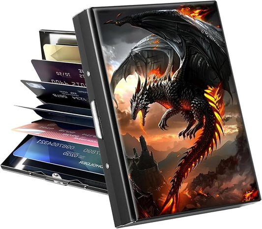 Metal Wallet, Credit Card Holder for Women Men Girls, RFID Blocking Aluminum Wallet Slim Hard Case, Mini Travel Wallet, ID Card Holder Business Card Case,Fire Dragon