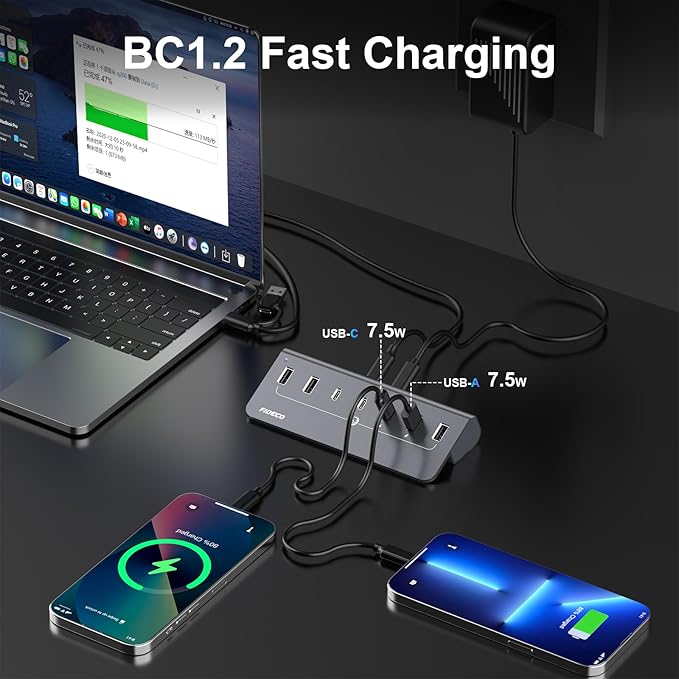 FIDECO Powered USB Hub, 7 Port 10Gbps Fast Data Hub for iPhone 16/15 and Laptop, Full Aluminum USB Splitter with 5V 3A Power Adapter, 4 USB A and 3 USB C Ports, Support BC1.2 Charging (Grey)