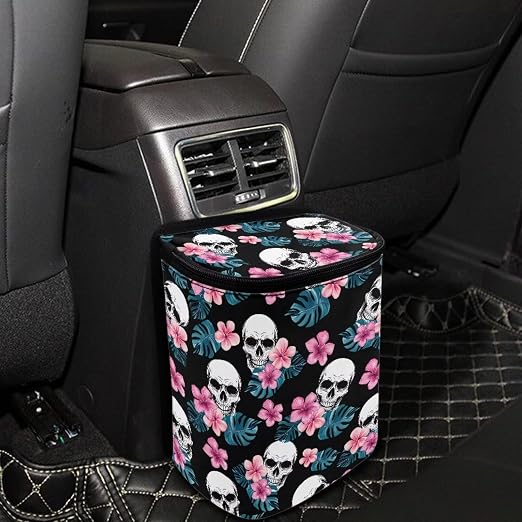 Biyejit Skull Hibiscus Leak Proof Car Trash Can with Lid - Waterproof Automotive Garbage Bin for SUVs, Collapsible and Portable Car Trash Bag