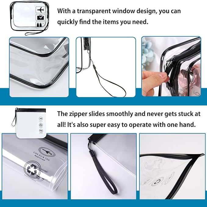 Clear Toiletry Bag, 2 Packs TSA Approved Water resistant Quart Size Travel Organizer, Waterproof & Leakproof Airline Travel Essential Carry On Makeup Cosmetic Bags for Liquids, Black