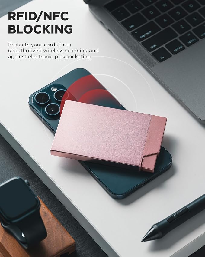 VULKIT Pop up Card Holder Minimalist Credit Card Holder RFID Blocking Slim Metal Card Case for Men or Women (Rose Gold)