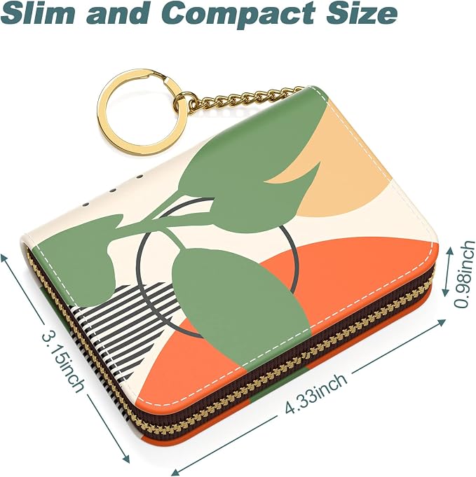 Nipichsha Credit Card Holder, Small RFID Card Wallet for Women, Slim Leather Card Holder Wallet, Credit Card Wallet Organizer, Pocket Business Card Case with Zipper & Keychain, Modern Abstract Art