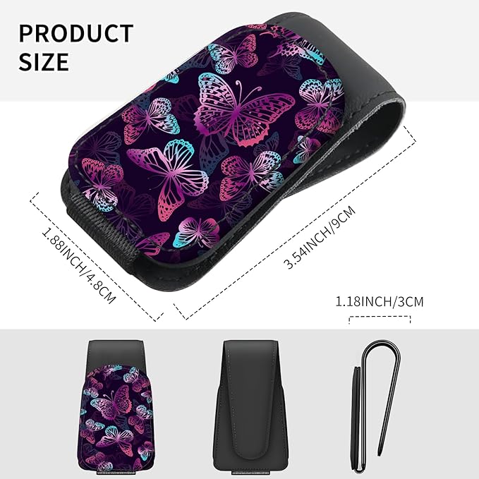 Sunglasses Holder for Car Visor, PU Leather Glasses Clip Organizer, Cute Magnetic Eyeglass Holder for Vehicle Sun Visor, Car Interior Accessory for Women & Men Neon Purple Butterflies