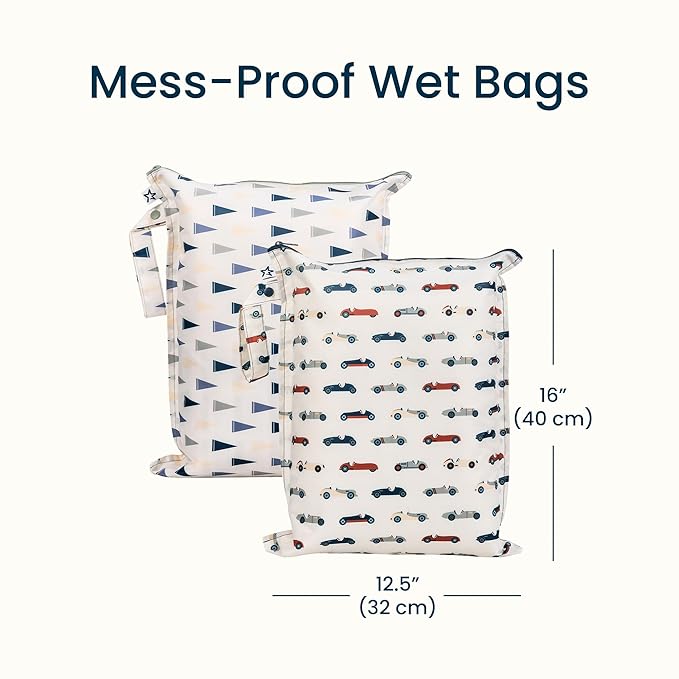 Tiny Twinkle Mess Proof Wet Bags | 2-Pack Reusable Waterproof Wet Bags for Swimsuits | Baby Clothes | Travel & Diaper Bag (Vintage Cars,Varsity Flags)
