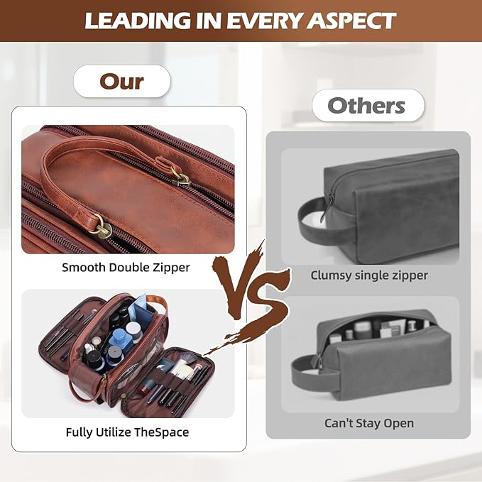 Leather Toiletry Bag for Men, Personalized Toiletry Bags Brown, Travel Toiletries Bag for Shaving Kit, Mens Travel Essentials, Large, Waterproof, Durable, Birthday Gifts for Husband Dad (M)