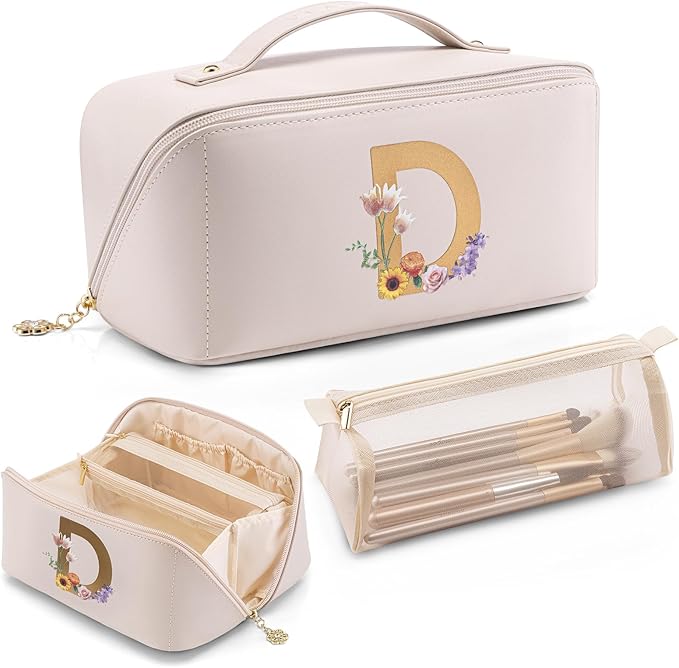 VLANDO Birthday Gift For Daughter,Initial Makeup Bag for Teen Girls Women,Bridesmaid Gifts for Wedding Graduation Gifts for Girls Teacher (Letter D)