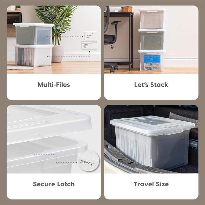 IRIS USA File Box, Plastic File Organizer with Lids for Letter/Legal File, Portable Document Box For Moving, Storage Bin with Durable and Secure Lid, Stackable Nestable BPA-Free, Pearl 35 Qt. 8 Pack