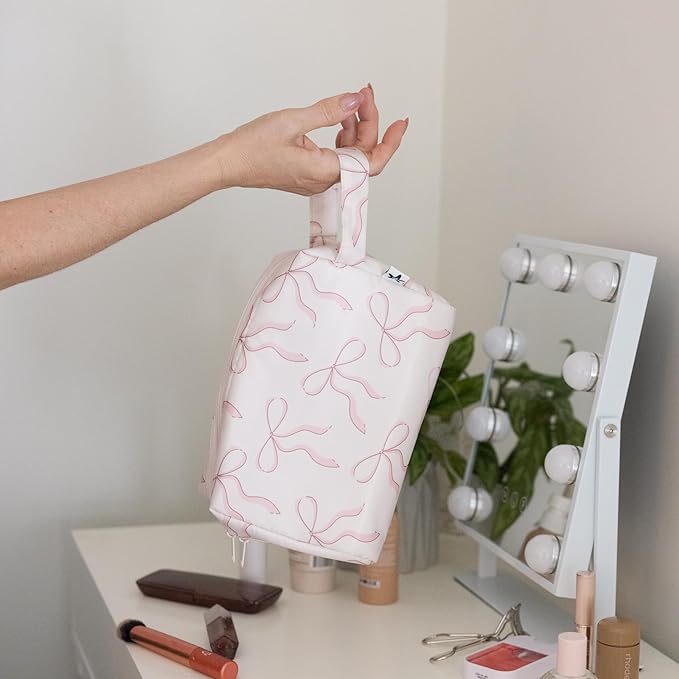 Tiny Twinkle Waterproof Travel Toiletry & Makeup Bag Organizer | Makeup Pouch with Multiple Compartments & Snap Handle for Travel | Gift for Teen Girls and Women (Bows)