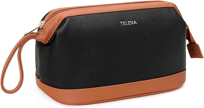 Telena Makeup Bag Large Capacity Travel Cosmetic Bag Portable PU Leather Water Resistant Makeup Organizer Bags for Women with Handle and Divider Open Flat (3-Black with Brown)