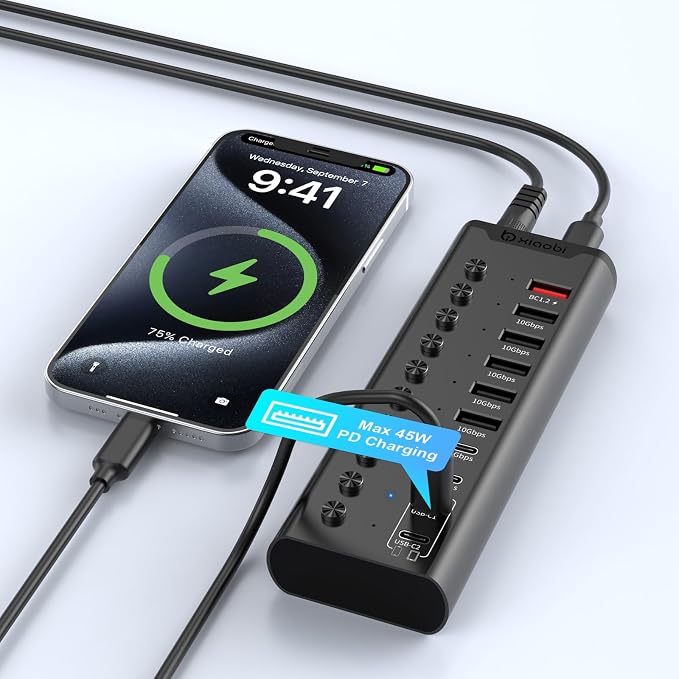 Powered USB Hub, 10-Port USB C Hub with 5*USB-A 3.2 and 2*USB-C 3.2 Ports, BC1.2&2*PD 45W Charging Ports Individual Switches and 24V/3A Power Adapter, USB Extension for PC and More(Black).
