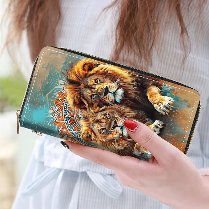 Women's Large Capacity Wallet PU Leather Zip Around Clutch Purse Multifunctional Wallet with Removable Wristlet Strap for Smart Phone/Coin/Card/Cash - Lion