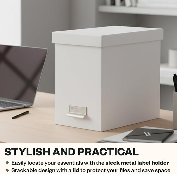 Bigso John Fiberboard Label Frame Desktop File Storage Box - Document Organizer for Important Paperwork - Durable Hanging File Box with a Lid & Metal Label Window - 7.36 x 13.38 x 10.51 in - White