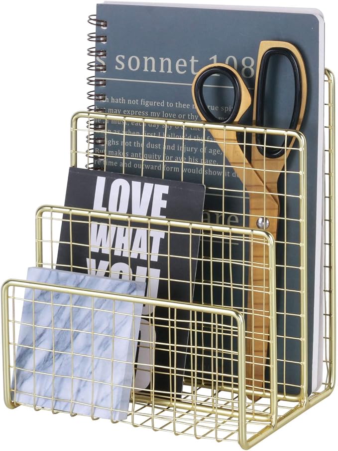 3 Slots Letter Holder, Metal Multifunctional File Holder for Mails, Books, Brochures and Postcards, Desktop Office Organizer Decoration, 5.6” x 3.7” x 7.0”, Gold