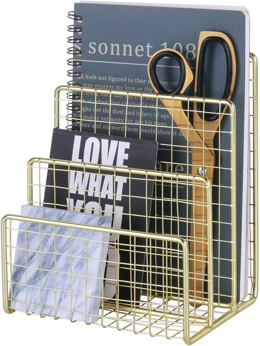3 Slots Letter Holder, Metal Multifunctional File Holder for Mails, Books, Brochures and Postcards, Desktop Office Organizer Decoration, 5.6” x 3.7” x 7.0”, Gold