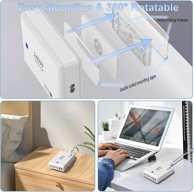 USB C Charger Block 240W, 8-Port Charging Station for iPhone/Ipad/MacBook, 6C2A PD GaN Charger Box, USB Tower Hub with Flat Plug, Travel Essentials