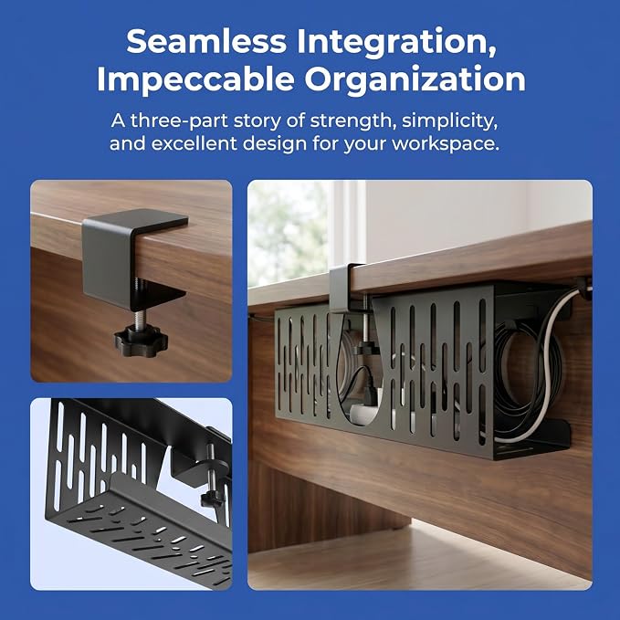 Under Desk Cable Management Tray, Cord Organizer for Desk Cable Management Tray Under Desk with Clamp for Home Office, Standing Desk(1Pack，Black)