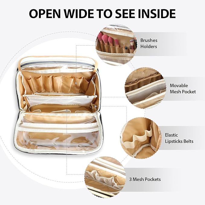 Makeup Bag, Large Capacity with Room for Brushes and Mirror, Travel Makeup Organizer, Portable Standing Make Up Case, Waterproof Cosmetic Toiletry Bags with Handle, Color Black