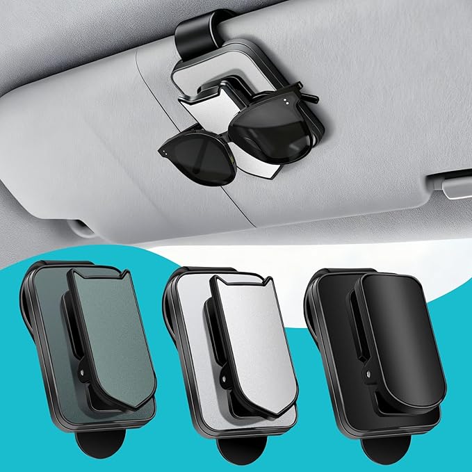 2 Pack Sunglasses Holder for Car, One-Handed-Operation Eyeglasses Organizer Sunglass Clip with Silicone Padded for Car Visor, Car Accessories Interior (Black+Sliver)