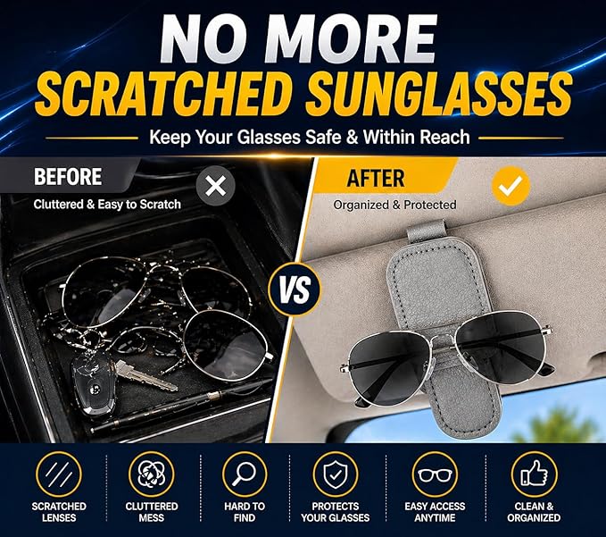 Magnetic Sunglasses Holder for Car Visor, Leather Visor Clip with Card & Ticket Slot, Secure No-Scratch Design, 2-Pack (Gray)
